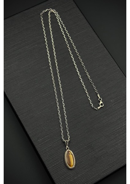 925 Ayar Gümüş ve Kaplan Gözü Doğal Taşlı Kahverengi Erkek Kolye FRJ30918-1018-K