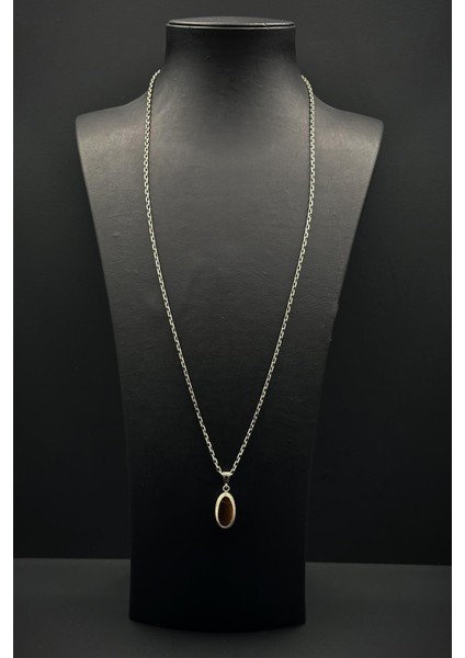 925 Ayar Gümüş ve Kaplan Gözü Doğal Taşlı Kahverengi Erkek Kolye FRJ30918-1018-K fiyatları