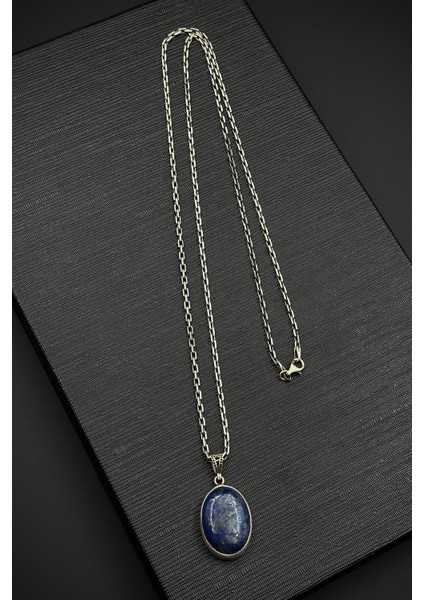 925 Ayar Gümüş ve Lapis Lazuli Doğal Taşlı Lacivert Renk Erkek Kolye FRJ30918-1018-L3