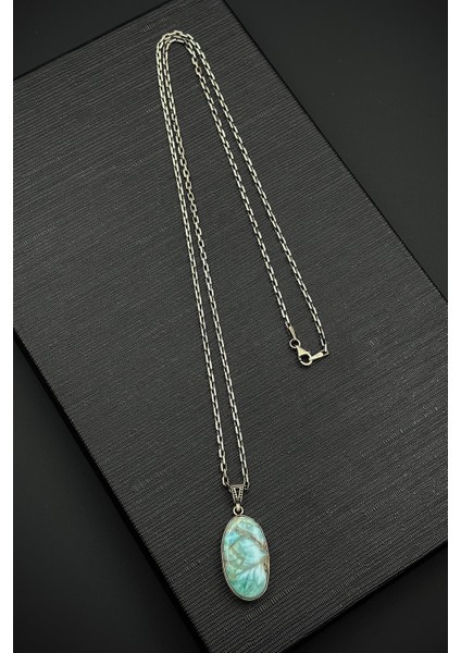 925 Ayar Gümüş ve Aqua Marine Doğal Taşlı Mavi Renk Erkek Kolye FRJ30918-1018-M