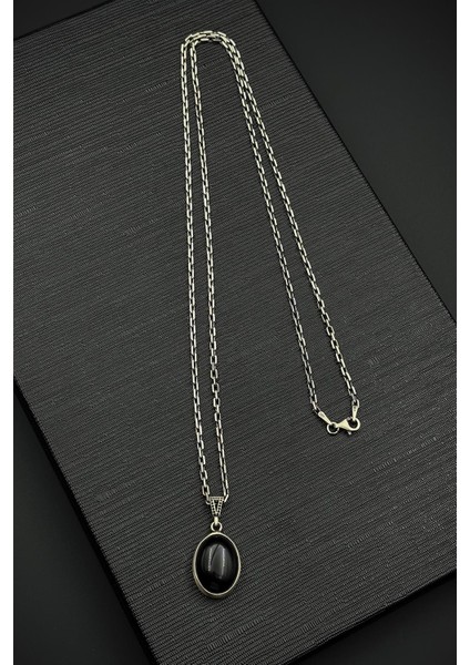 925 Ayar Gümüş ve Onyx Doğal Taşlı Siyah Renk Erkek Kolye FRJ30918-1018-S2