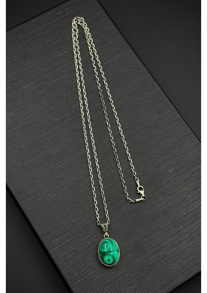 925 Ayar Gümüş ve Malahit Doğal Taşlı Yeşil Renk Erkek Kolye FRJ30918-1018-Y