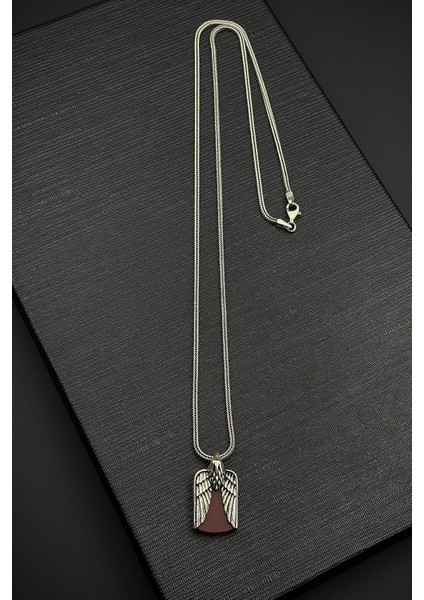 925 Ayar Gümüş ve Akik Doğal Taşlı Kahverengi Erkek Kolye FRJ30856-956-K