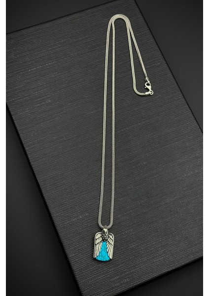 925 Ayar Gümüş ve Firuze Doğal Taşlı Turkuaz Renk Erkek Kolye FRJ30856-956-M