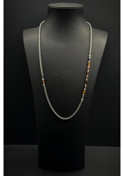 316L Çelik ve Kaplan Gözü Doğal Taşlı Kahverengi Erkek Kolye FRJ30858-958-K fiyatları