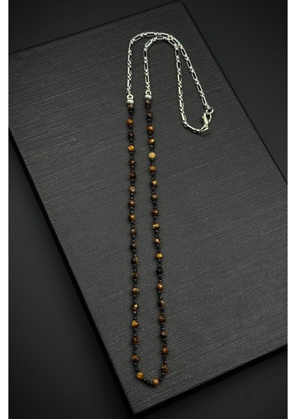 316L Çelik ve Kaplan Gözü Doğal Taşlı Kahverengi Erkek Kolye FRJ30860-960-K