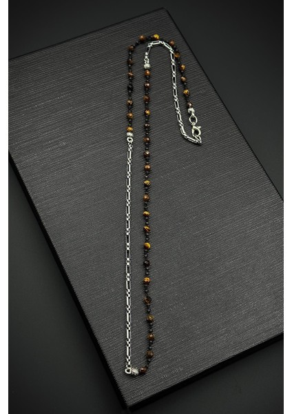 316L Çelik ve Kaplan Gözü Doğal Taşlı Kahverengi Erkek Kolye FRJ30861-961-K