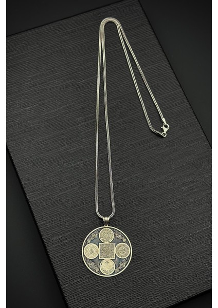 925 Ayar Gümüş Koruma Sureleri Işlemeli Gümüş Renk Erkek Kolye FRJ30872-972-A