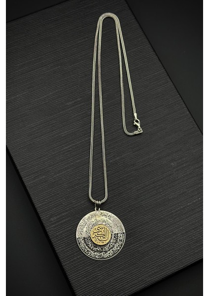 925 Ayar Gümüş Ayetel Kursi Yazılı Gümüş Renk Erkek Kolye FRJ30872-972-A5