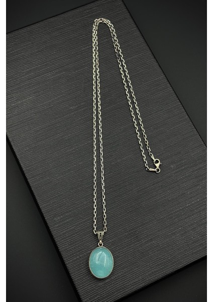 925 Ayar Gümüş ve Aqua Marine Doğal Taşlı Mavi Renk Erkek Kolye FRJ30918-1018-M2