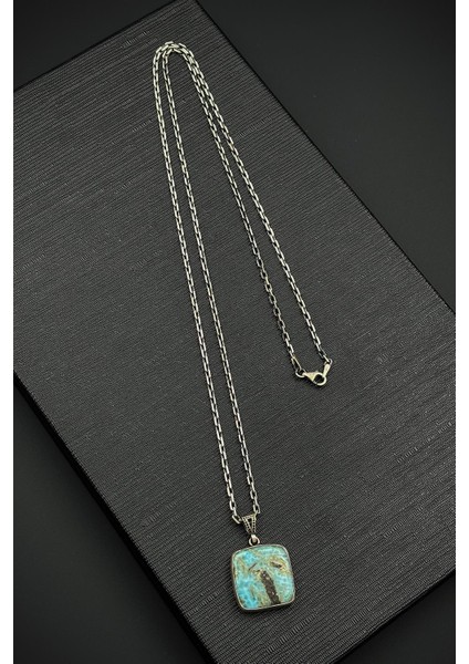 925 Ayar Gümüş ve Afrika Turkuazı Doğal Taşlı Turkuaz Renk Erkek Kolye FRJ30918-1018-M3