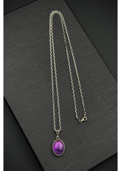 925 Ayar Gümüş ve Amatist Doğal Taşlı Pembe Renk Erkek Kolye FRJ30918-1018-P