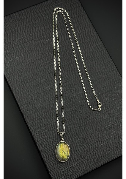 925 Ayar Gümüş ve Labrodorit Doğal Taşlı Yeşil Renk Erkek Kolye FRJ30918-1018-Y2