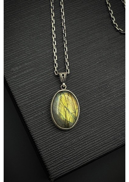 925 Ayar Gümüş ve Labrodorit Doğal Taşlı Yeşil Renk Erkek Kolye FRJ30918-1018-Y2 fiyatları