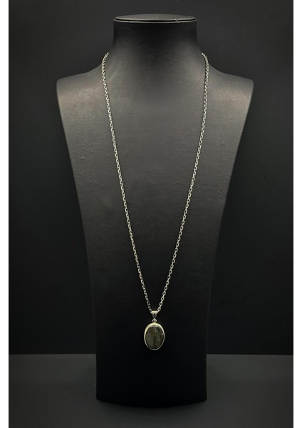 925 Ayar Gümüş ve Labrodorit Doğal Taşlı Yeşil Renk Erkek Kolye FRJ30918-1018-Y2 modelleri