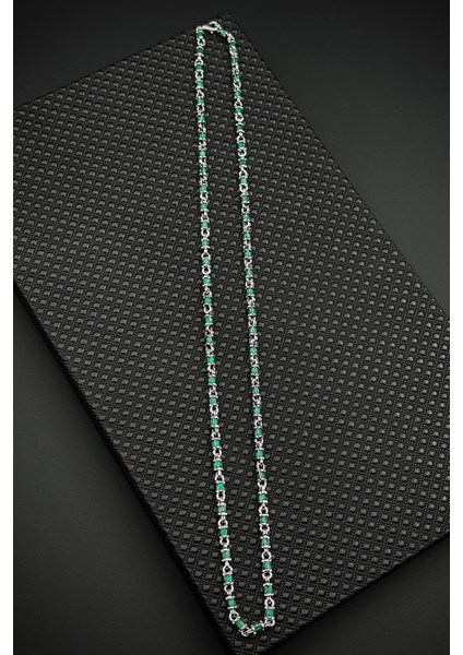 925 Ayar Gümüş Italyan Model Yeşil Zirkon Taşlı Gümüş Renk Erkek Kolye FRJ30935-1035-Y