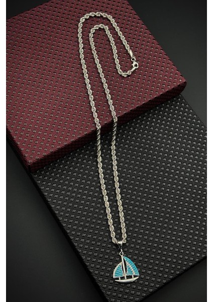 925 Ayar Gümüş Turkuaz Yelken Figürlü Gümüş Renk Erkek Kolye FRJ30936-1036-M