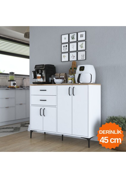 JE210 Kahve Köşesi Çok Amaçlı Dolap 4 Kapaklı 2 Çekmeceli Kiler Mutfak Dolabı Beyaz - Sepet Ceviz