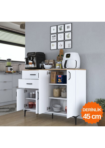 JE210 Kahve Köşesi Çok Amaçlı Dolap 4 Kapaklı 2 Çekmeceli Kiler Mutfak Dolabı Beyaz - Sepet Ceviz fırsatları