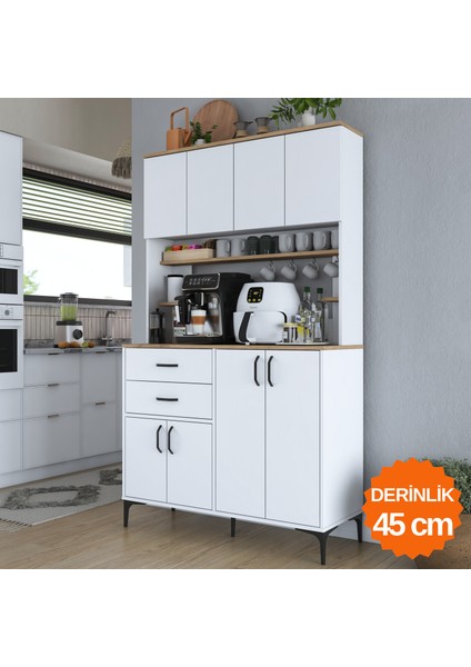 JE212 Kahve Köşesi Çok Amaçlı Dolap 8 Kapaklı 2 Çekmeceli Raflı Kiler Mutfak Dolabı Beyaz - Sepet Ceviz
