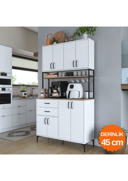 JE213 Kahve Köşesi Çok Amaçlı Dolap 8 Kapaklı 2 Çekmeceli Raflı Kiler Mutfak Dolabı Beyaz - Sepet Ceviz