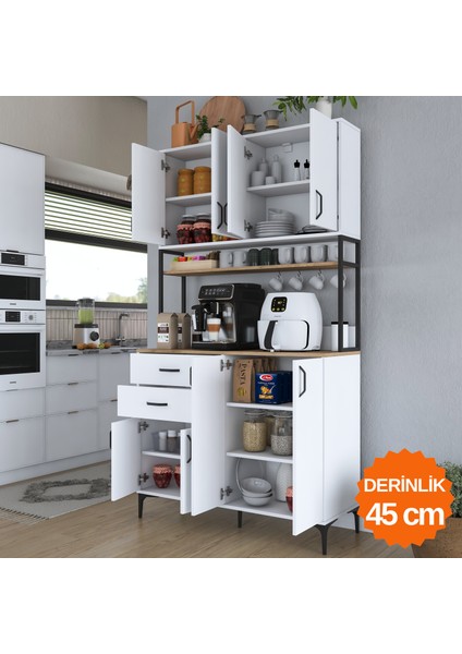 JE213 Kahve Köşesi Çok Amaçlı Dolap 8 Kapaklı 2 Çekmeceli Raflı Kiler Mutfak Dolabı Beyaz - Sepet Ceviz indirimleri