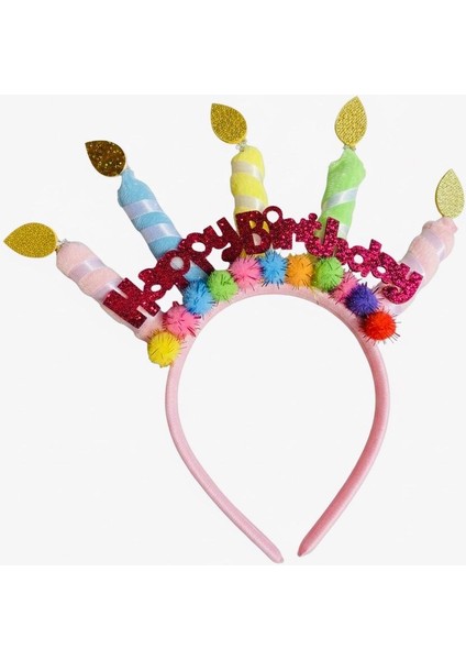 Doğum Günü Konseptli Simli Happy Birthday Yazılı Mum Figürlü Taç