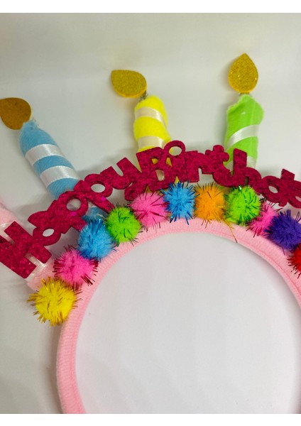 Doğum Günü Konseptli Simli Happy Birthday Yazılı Mum Figürlü Taç