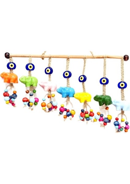 Seramik Yedi Adet Filli Nazar Boncuklu Rengarenk Tahta Boncuklu Kapı, Duvar ve Bahçe Süsü