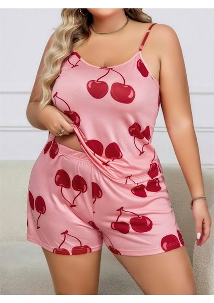 Arias Closet Büyük Beden Pembe Kiraz Desen Ince Askılı Pamuklu Şortlu Pijama Takımı