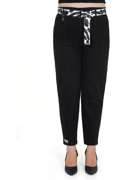 Büyük Beden Mom Kemerli Yüksek Bel Denim Kadın Pantolon