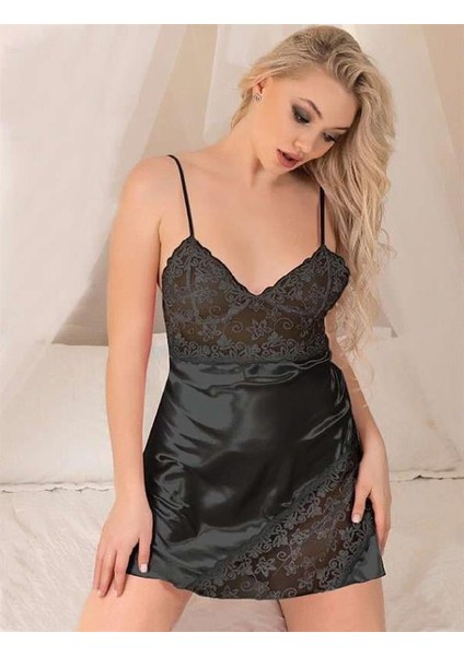 Arias Closet Siyah Dantel Işlemeli Ince Askılı Saten Kısa Fantezi Gecelik