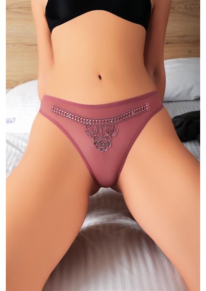 Arias Closet Vizon Nakış Desenli Taşlı Fantezi Tanga String