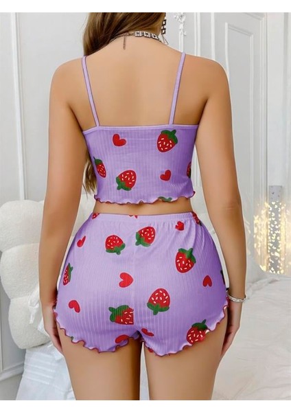 Arias Closet Pamuklu Lila Üstüne Çilek Desen Fitilli Askılı Şortlu Pijama Takımı modelleri