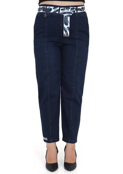 Büyük Beden Mom Kemerli Yüksek Bel Denim Kadın Pantolon
