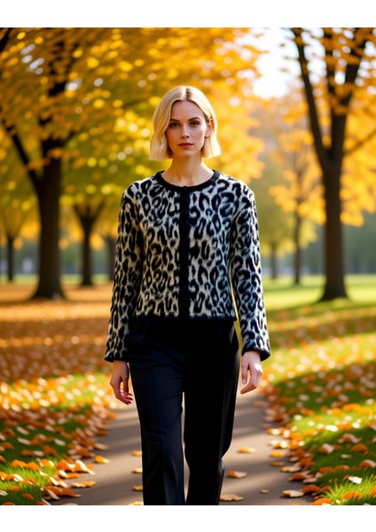Kadın Leopar Desenli Triko Hırka Günlük Şıklık ve Sunan Uzun Kollu Bisiklet Yaka Tasarım Şık