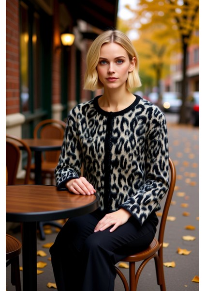 Kadın Leopar Desenli Triko Hırka Günlük Şıklık ve Sunan Uzun Kollu Bisiklet Yaka Tasarım Şık fiyatları