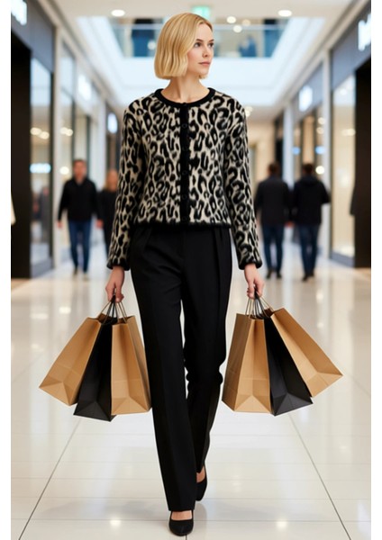 Kadın Leopar Desenli Triko Hırka Günlük Şıklık ve Sunan Uzun Kollu Bisiklet Yaka Tasarım Şık modelleri