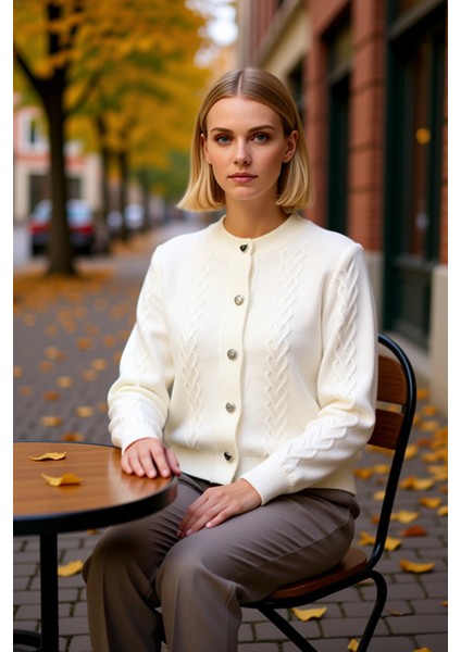 Kadın Saç Örgü Desenli Kalp Düğme Detaylı Yumuşak Dokulu Bisiklet Yaka Uzun Kollu Triko Hırka fiyatları