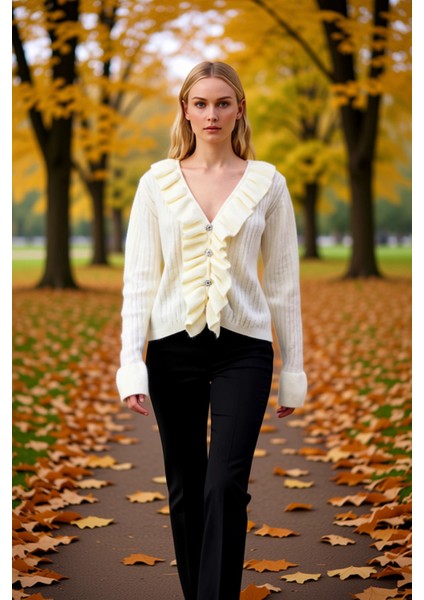 Kadın Fırfır Detaylı V Yaka Parlak Düğmeli Yumuşak Dokulu Uzun Kollu Rahat Kesim Triko Hırka