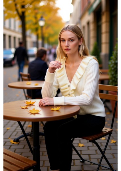 Kadın Fırfır Detaylı V Yaka Parlak Düğmeli Yumuşak Dokulu Uzun Kollu Rahat Kesim Triko Hırka fiyatları