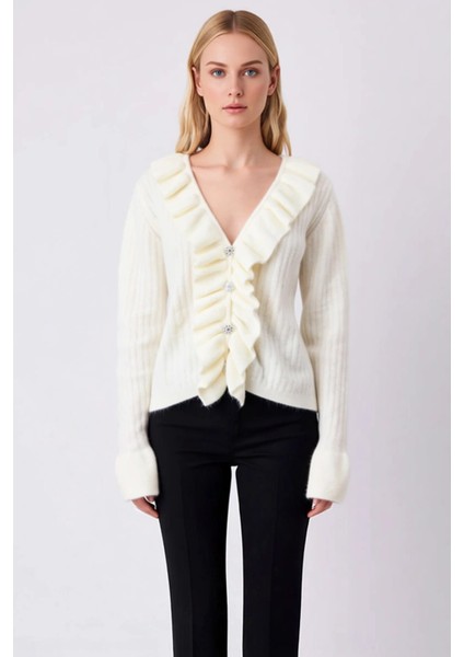 Kadın Fırfır Detaylı V Yaka Parlak Düğmeli Yumuşak Dokulu Uzun Kollu Rahat Kesim Triko Hırka fırsatları