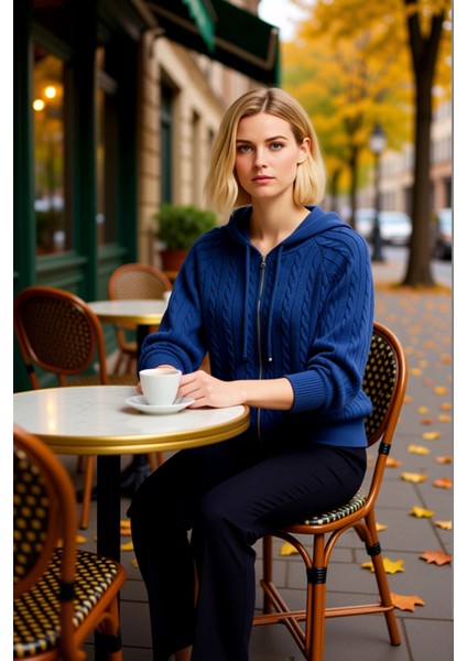 Kadın Rahat Kesim Saç Örgü Desenli Kapüşonlu Fermuarlı Triko Hırka Kışlık Kombinlerinize Şıklık fiyatları