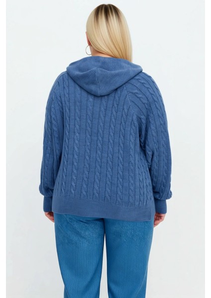 Kadın Rahat Kesim Saç Örgü Desenli Kapüşonlu Fermuarlı Triko Hırka Kışlık Kombinlerinize Şıklık indirimleri