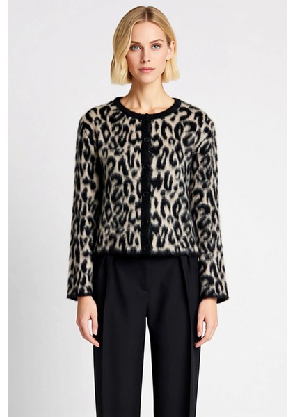 Kadın Leopar Desenli Triko Hırka Günlük Şıklık ve Sunan Uzun Kollu Bisiklet Yaka Tasarım Şık fırsatları