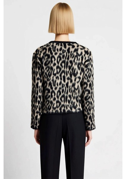 Kadın Leopar Desenli Triko Hırka Günlük Şıklık ve Sunan Uzun Kollu Bisiklet Yaka Tasarım Şık indirimleri
