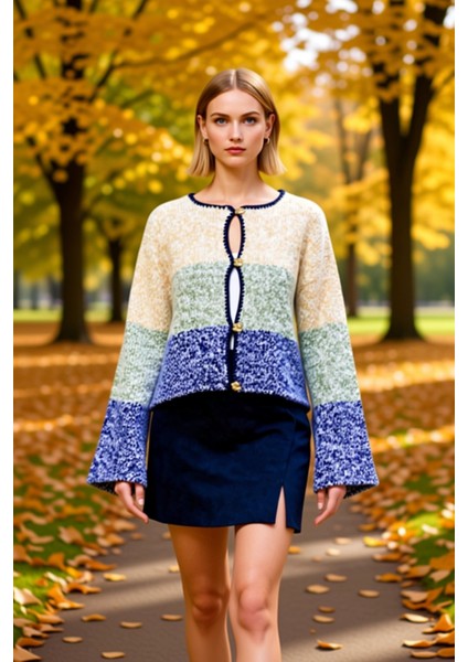 Kadın Düğme Detaylı Crop Yumuşak Dokulu Renk Bloklu Uzun Kollu Triko Hırka Modern Şık Tasarım