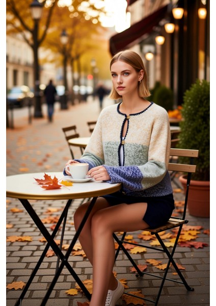 Kadın Düğme Detaylı Crop Yumuşak Dokulu Renk Bloklu Uzun Kollu Triko Hırka Modern Şık Tasarım fiyatları