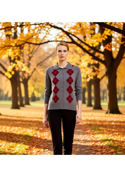 Kadın Baklava Desenli Rahat Kesim Uzun Kollu Düğmeli Merserize Görünümlü Polo Yaka Triko Hırka