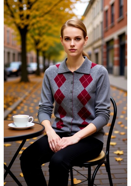 Kadın Baklava Desenli Rahat Kesim Uzun Kollu Düğmeli Merserize Görünümlü Polo Yaka Triko Hırka fiyatları